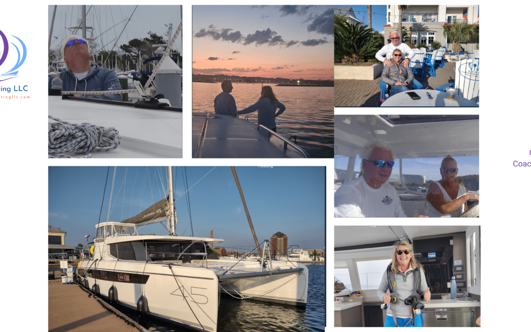 A collage of Captain Deborah Marlor and her husband together. Some photos are taken on the boat, while others are taken on land. Sailing and Boating LLC's logo is present, as is their powerboat.